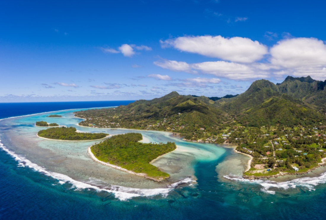 Aerial view of the Muri beach and lagoon, in Rarotonga in the Cook Islands