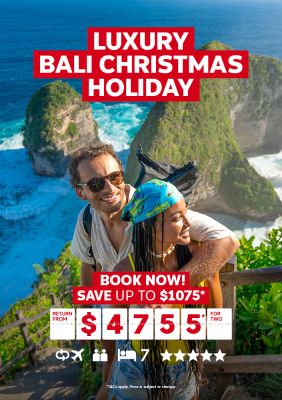 luxury bali christmas holiday, book now, save up to $1075 return from $4755 for two