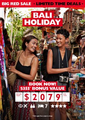 Bali Holiday - Book now! $355* bonus value | return from $2,079* for two. Couple shopping in a market in Bali