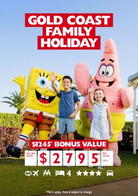 Gold Coast family holiday - $1,245* bonus value. Return from $2,795* per family of 4. Two kids posing with Spongebob and Patrick