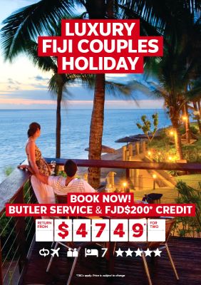 Luxury Fiji couples holiday | book now! Butler service & FJD$200* credit. Return from $4,749* for two. Couple relaxing on a balcony overlooking the ocean in the later afternoon