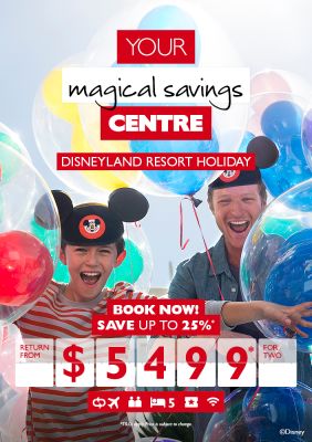 Your magical savings centre - Disneyland resort holiday. Book now! Save up to 25%* Return from $5,499* for two. Father and son cheering surrounded by Mickey Mouse balloons