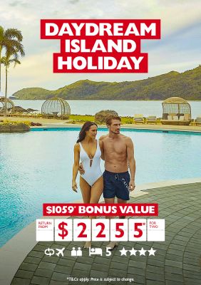 Daydream island holiday. $1,059* bonus value. Return from $2,255* for two. Couple in swimsuits walking arm in arm beside a pool