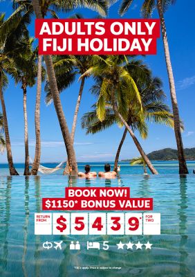 Adult only Fiji Holiday | book now! $1,150* bonus value. Return from $5,439* for two. Two people relaxing in a pool looking out at the ocean