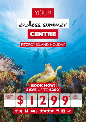 Your endless summer centre | Fitzroy Island holiday. Book now! Save up to $200* return from $1,299* for two. Green sea turtle swimming in coral