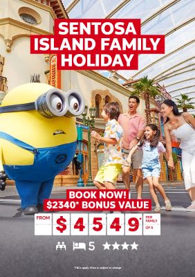 Sentosa Island family holiday | book now! $2,340* bonus value. From $4,549* per family of 4. Family with a Minion from Despicable Me in Universal Studios