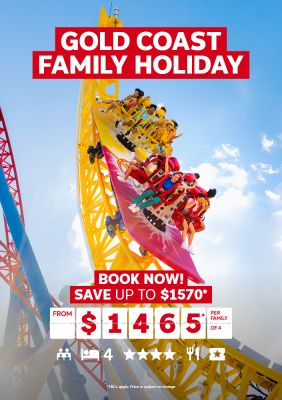 Gold Coast family holiday | Book now! Save up to $1,570* - from $1,465* per family of 4. | People riding a pink and yellow surfboard theme park ride