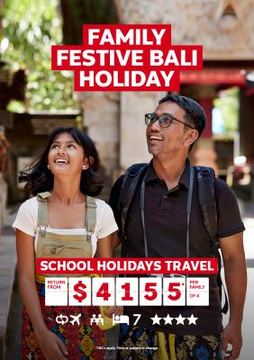 Family festive Bali holiday. School holidays travel* return from $4155* per family of 4
