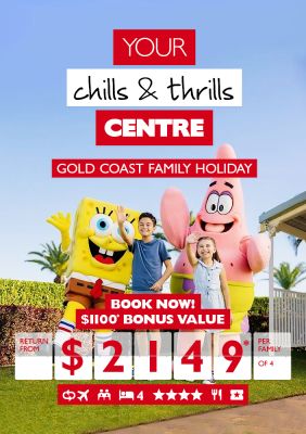 Your chills & thrills centre | Gold Coast family holiday. Book now! $1,100* bonus value. Return from $2,149* per family of 4. Kids posing with Spongebob Squarepants and Patrick Star