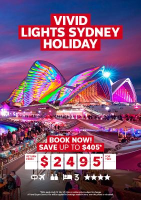 Vivid lights Sydney holiday. Book now! Save up to $405* return from $2495* for two