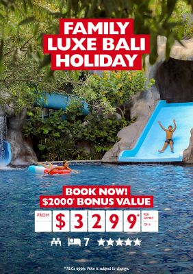 Family luxe Bali holiday. Book now! | $2,000* bonus value. From $3,299* per family of 4. Kids playing in a large pool with blue slides