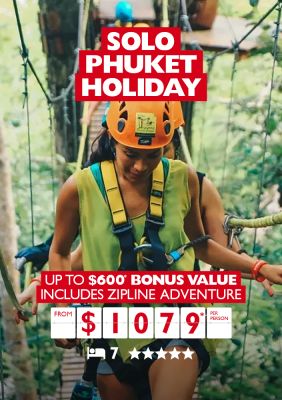 Solo Phuket Holiday - up to $600* bonus value. Includes zipline adventure from $1,079* per person. People crossing a rope bridge high up in the trees
