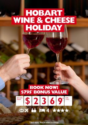 Hobart wine & cheese holiday. Book now! $795* bonus value | return from $2,369* for two. Closeup of two wine glasses being clinked together