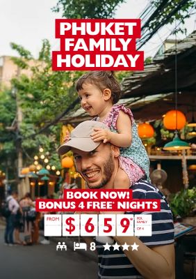 Phuket Family Holiday | book now! Bonus 4 free* nights. From $659* per family of 4. Father and daughter walking through street markets in Phuket
