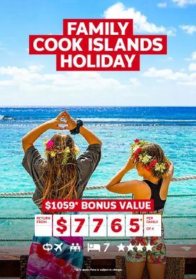 Family Cook Islands Holiday. $1059* bonus value return from $7765* per family of 4
