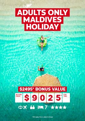 Adults only Maldives Holiday. $2495* bonus value return from $9025* for two