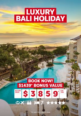 Luxury Bali holiday | book now! $1,439* bonus value - return from $3,859* for two | Bali hotel along the beachfront at sunset