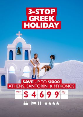 3-stop Greek Holiday. Save up to $1000* Athens, Santorini & Mykonos from $4699* for two