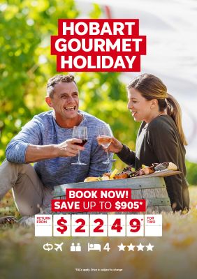 Hobart gourmet holiday | book now! Save up to $905*. Return from $2,249* for two. Man and woman drinking wine at a picnic