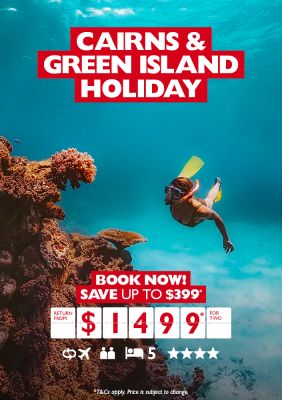 Cairns and Green Island Holiday. Book now! | Save up to $399*. Return from $1,499* for two. Woman snorkelling looking at coral