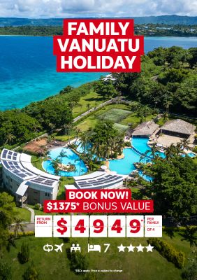 Family Vanuatu holiday | book now! $1,375* bonus value. Return from $4,949* per family of 4. Overhead shot of a 5-star resort by the sea