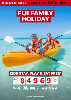 Fiji family Holiday | kids stay, play & eat free* - return from $4,969* per family of 4. Kids in an orange kayak