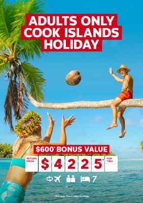 Adults Only Cook Islands holiday | $600* bonus value. Return from $4,225* for two. Couple throwing a coconut to each other on a tropical island