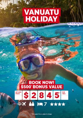 Vanuatu Holiday. Book now! $500* bonus value return from $2845* for two