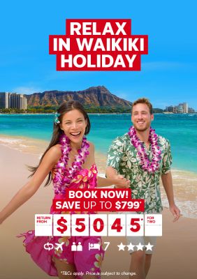 Relax in Waikiki holiday - book now! Save up to $799* | Return from $5,045* for two. Couple in flower print clothing on a beach