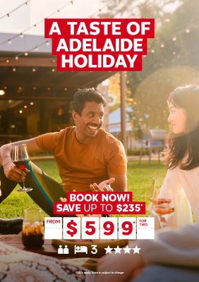 A taste of Adelaide holiday | book now! Save up to $235*. From $599* for two. Couple drinking wine on a blanket at sunset