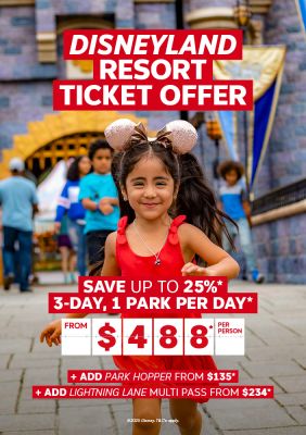 Disneyland Resort Ticket Offer. Save up to 25%* 3-day, 1 park per day* from $488* per person