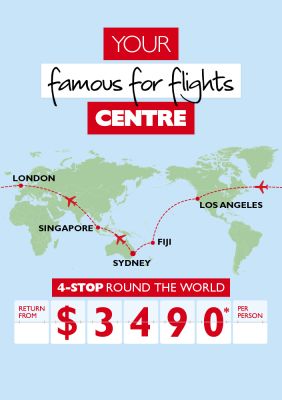 Your famous for flight centre - 4-stop round the world return from $3,490* per person. Map of the world with a plane flying to Sydney, Singapore, London, Los Angeles & Fiji