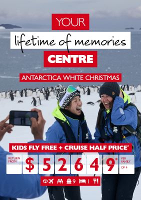 Your lifetime of memories centre - Antarctica White Christmas. Kids fly free + cruise half price* return from $52,649* per family of 4. Family laughing taking a picture with flock of penguins on an ice flow