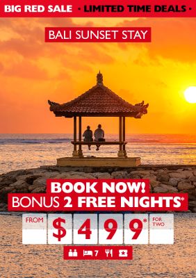 Bali Sunset stay. Book now! bonus 2 free nights* from $499* for two. couple relaxing under a pagoda on a rocky pier watching the sunset