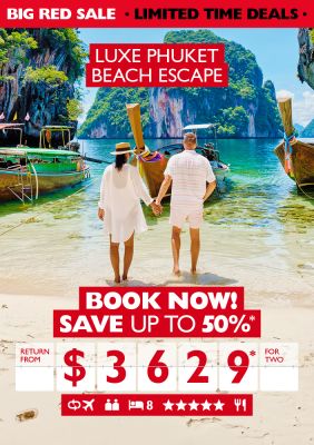 Luxe Phuket beach escape - book now! Save up to 50%*. Return from $3,629* for two. Couplewalking hand in hand towards longtail boats moored on a beach in Phuket