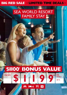 Sea World resort family stay. $1,100* bonus value from $1,199* per family of 4. Family staring at wonder at animals in an aquarium