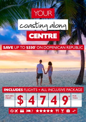Your coasting along centre - save up to $330* on Dominican Republic. Includes flights + all inclusive package return from $4,749* for two. Couple holding hands on a beach at late sunset