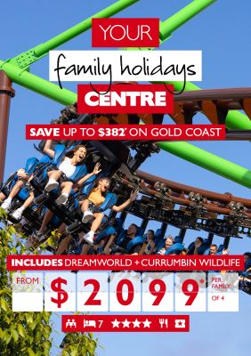Your family holidays centre | save up to $382* on Gold Coast. Includes Dreamworld + Currumbin wildlife from $2,099* per family of 4. People cheering on a green and brown roller coaster