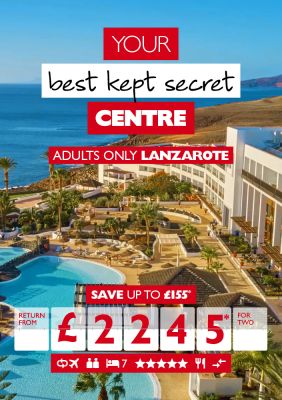 Your best kept secret centre - adults only Lanzarote. Save up to £155* return from £2245* for two. Overhead shot of beachfront resort.