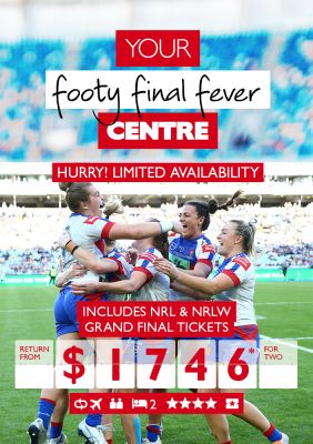 Your footy final fever centre - Hurry! Limited availability. Includes NRL & NRLW Grand Final tickets return from $1,746* for two. Woman's Rugby league cheering and hugging in a stadium