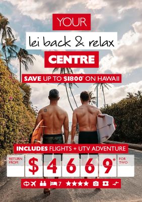 Your lei back and relax centre - save up to $1,800* on Hawaii. Includes flights + UTV adventure return from $4,669* for two. Two shirtless men walking carrying surfboards