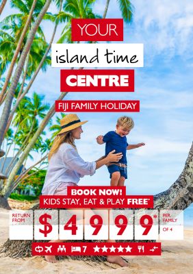 Your island time centre | Fiji Family holiday. Book now! Kids stay, eat & play free* return from $4,999* per family of 4. Mother and son playing on a tree on a beach