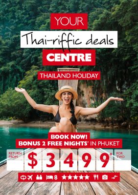 Your Thai-riffic deals centre | Thailand holiday. Book now! Bonus 2 free nights* in Phuket return from $3,499* for two. Woman wearing black bikini posing on a rowboat in front of a lush jungle
