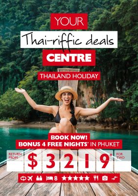 Your Thai-riffic deals centre | Thailand holiday. Book now! Bonus 4 free nights* in Phuket return from $3,219* for two. Woman wearing black bikini posing on a rowboat in front of a lush jungle