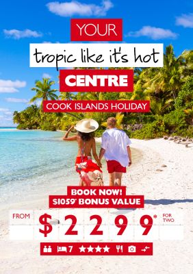 Your tropic like it's hot centre | Cook Islands holiday. Book now! $2,299* for two. Couple walking along a beach with clear ocean water towards a lush jungle