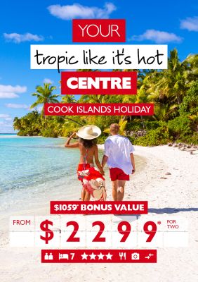 Your tropic like it's hot centre | Cook Islands holiday. $2,299* for two. Couple walking along a beach with clear ocean water towards a lush jungle