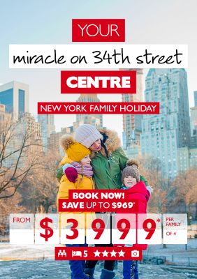 Your miracle on 34th street centre | New York family holiday. Book now! Save up to $969* from $3,399* per family of 4. Family dressed in warm clothing cuddling in Central Park in winter