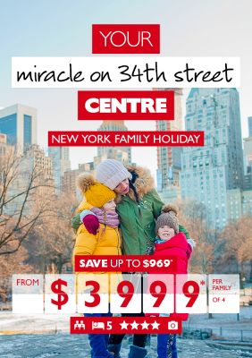 Your miracle on 34th street centre | New York family holiday. Save up to $969* from $3,399* per family of 4. Family dressed in warm clothing cuddling in Central Park in winter