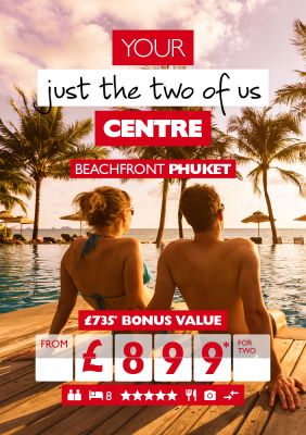 Your just the two of us centre - beachfront Phuket. £735* bonus value from £899* for two. Couple sitting by a beachfront pool at sunset