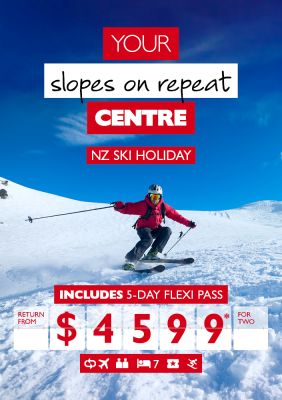 Your slopes on repeat centre - NZ ski holiday. Includes 5-day flexi pass return from $4,599* for two. Person on skis coming to a stop